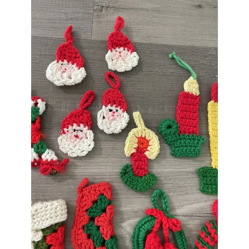 Vintage Lot of 33 Handmade Chrocheted Christmas Ornaments Santas Wreaths Candles